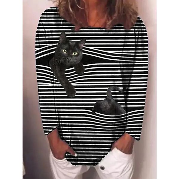 

black and white striped pattern women's fashion style 3d printing round neck casual streetwear summer basic short-sleeved t-shirt