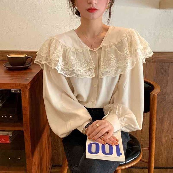 

comelwomen chic spring shirts retro french gentle long sleeves big collar lace sweet elegance blouse female 210515, White