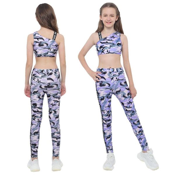 

iefiel kids girls tracksuit camouflage printed stretchy crop with leggings pants performance ballet gymnastics dance wear clothing sets, White