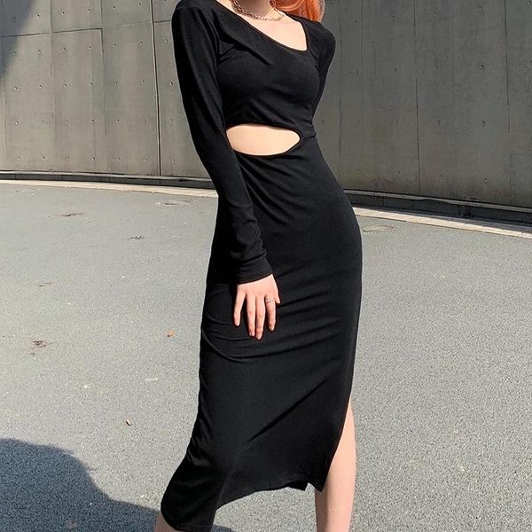 

casual dresses autumn long sleeve bodycon dress black slit ribbed knit women hollow midi party club wrap spring femme robe, Black;gray