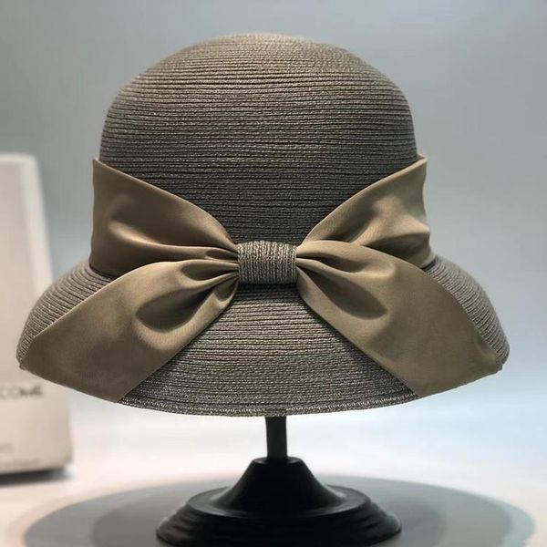 

bow hepburn hat straw wide brim beach sun women's travel uv protection hats, Blue;gray