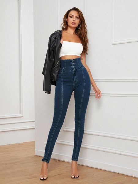 

high waist high stretch skinny jeans 971k#, Blue