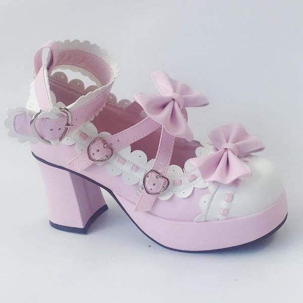 

7.5cm high heels sweet pink white bow cross strap lolita pumps princess lady cosplay party shoes dress, Black