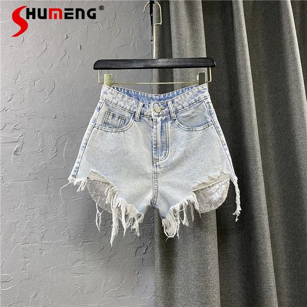 

women's jeans woman high waisted sequined pocket ripped denim shorts for women casual pink pants 2021 summer plus size short, Blue