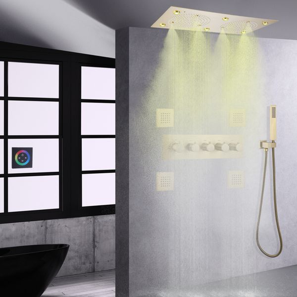 Sistema di rubinetti per doccia Bagno spazzolato Soffione doccia a pioggia dorata Miscelatore termostatico LED con set di getti massaggianti