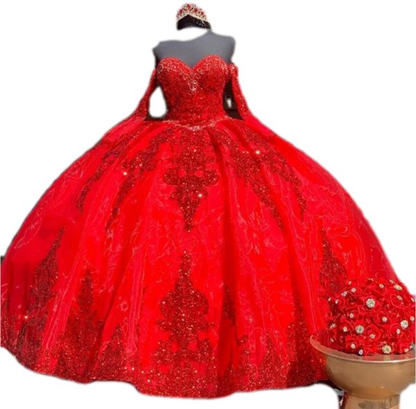 Abito rosso dolce 16 Quinceanera con paillettes scintillanti in pizzo, abiti da festa, abiti da ballo, abito da compleanno per ragazza messicana2323