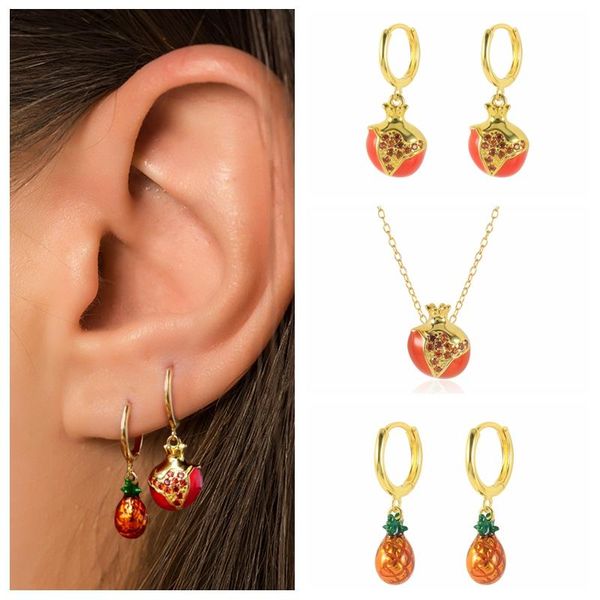 

hoop & huggie aide summer tropical fruit earrings necklace for women pomegranate pineapple pendientes plata 925 lovely joyero brinco, Golden;silver