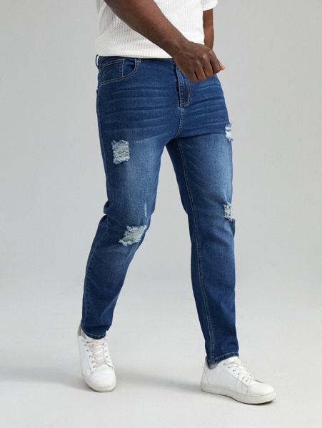 

extended sizes men dark washed ripped jeans z19i#, Blue
