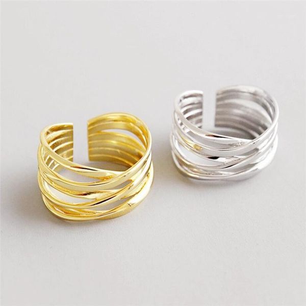 

cluster rings sole memory multilayer line weaving 925 sterling silver female resizable opening sri6321, Golden;silver