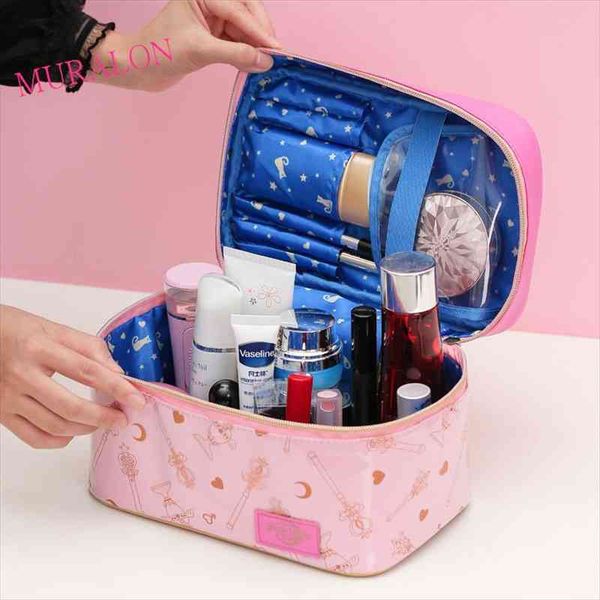 

ladies cosmetic pu leather bags portable storage organizer large capacity handbag jewelry box sailor moon