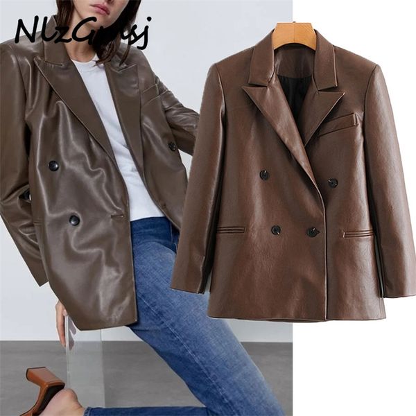 

women fashion double breasted faux leather blazers coat vintage notched long sleeve female outerwear chic 210628, White;black