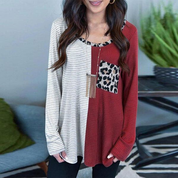 

women's blouses & shirts fashion elegant round neck lady casual long sleeve pullover autumn spring leopard print patchwork pocket women, White