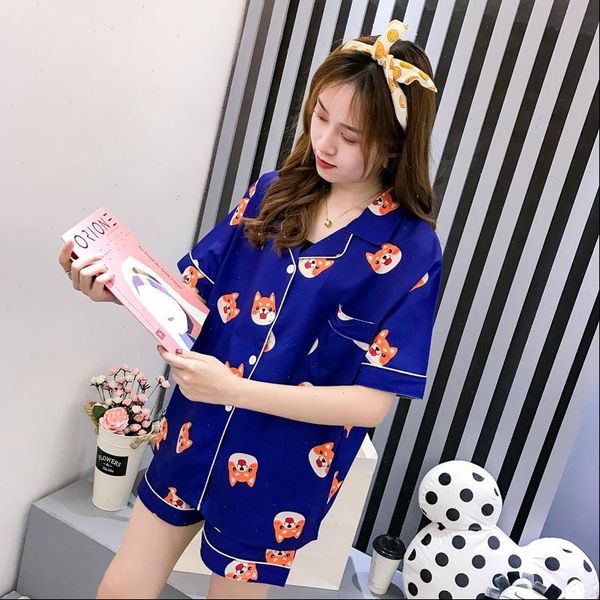 

pajama set summer cartoon women sleepwear harajuku shiba inu printed kawaii pyjamas korean japanese anime dog pijama mujer silk sleeepwear, Black;red