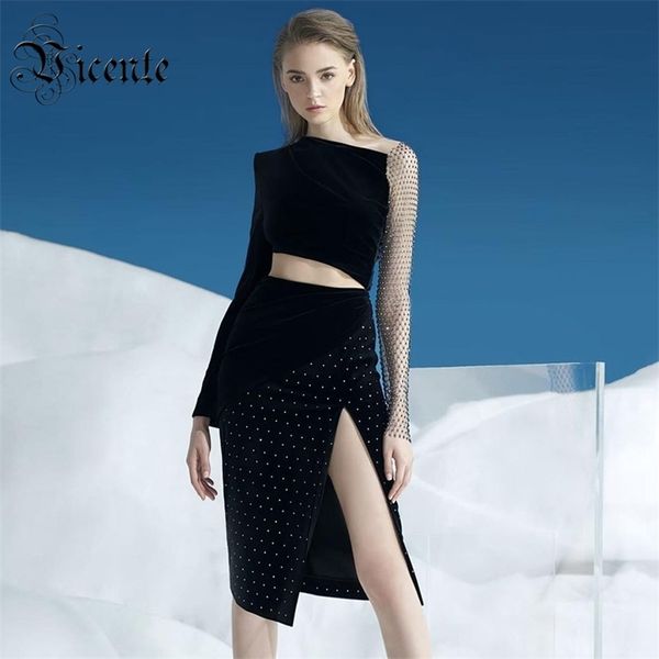 

chic velvet two pieces suit beads fishnet sleeve design celebrity party club crop knee length skirt set 210520, White