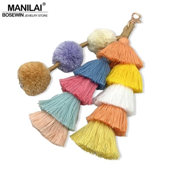 

keychains manilai bohemian handmade bag pendant accessories women 230mm multicolor cotton tassel key chain fashion jewelry charm keychain, Silver