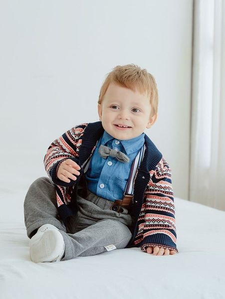 

baby striped shawl collar jacket & bow front shirt and overalls she, White