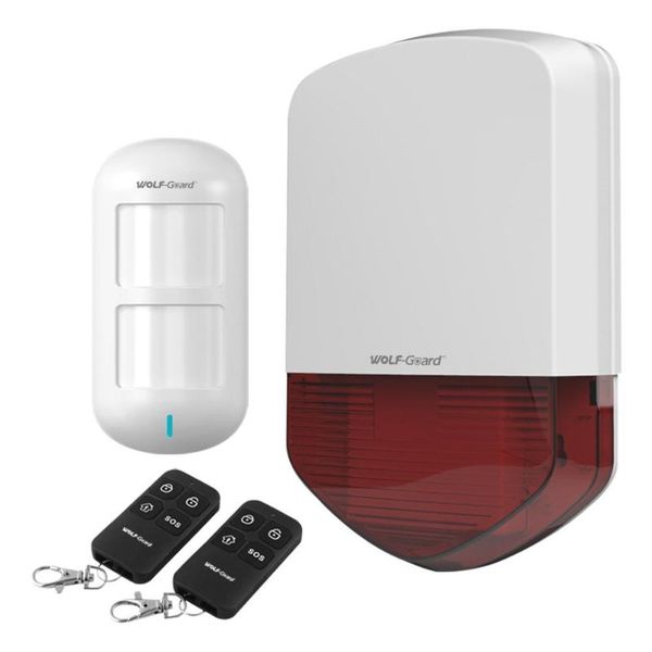 

wolf-guard wireless outdoor alarm siren as home security system with 1 pir detection sensor 2 remote control 110db systems