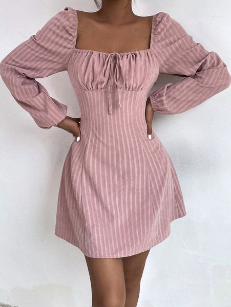 

striped square neck lantern sleeve dress a9gx#, Black;gray