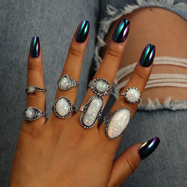 

geometric round oval imitation opal 8-piece ring joint ring, Golden;silver