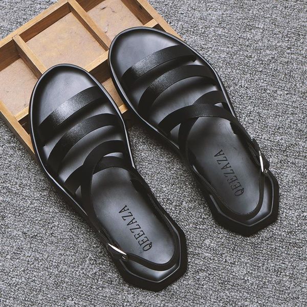 

sandals mens leather men summer shoes 2021 flat beach male black white