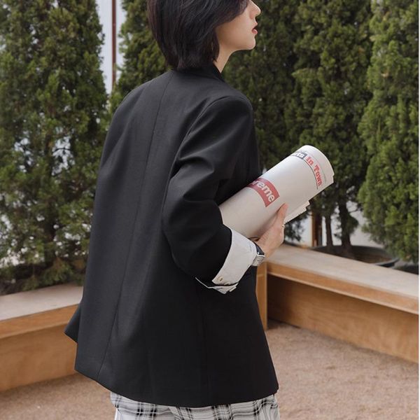 

korean spring flanging sleeve medium length solid color loose casual double breasted blazer women kg8b women's suits & blazers, White;black