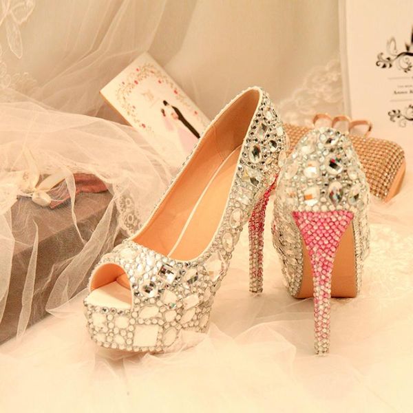 

dress shoes crystal wedding peep toe silver bride women diamond ultra thin high heel rhinestone party pumps big size 43, Black