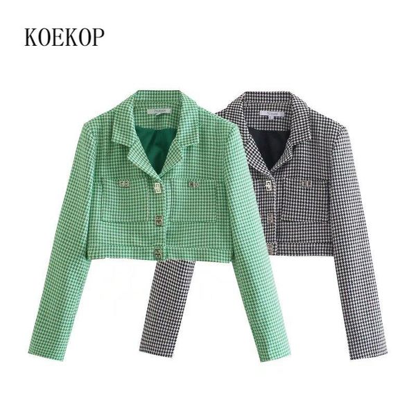 

women's suits & blazers koekop women fashion with pockets plaid single breasted cropped blazer casual long sleeves notched neck female, White;black