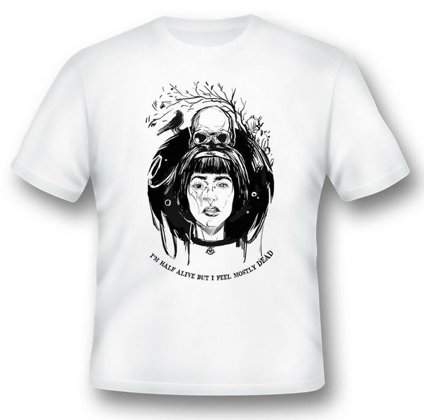 

i'm half alive but feel mostly dead girl skull white tee shirt, White;black