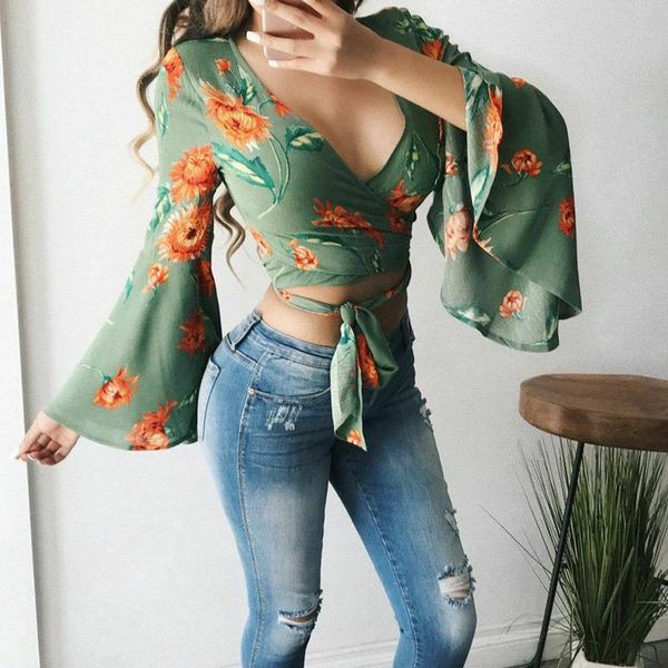 

women's blouses & shirts fashion women casual tank blouse flower flare long sleeve crop bandage tie front shirt, White