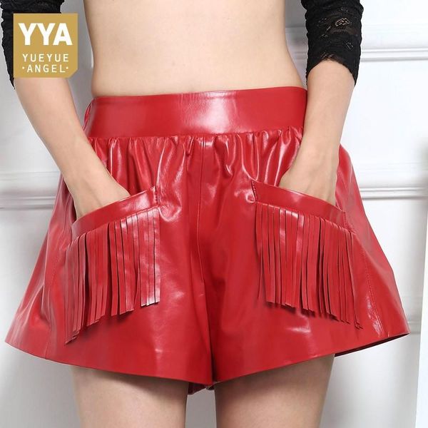 

women's shorts tide fashion wide leg woman pocket tassel short women elastic waist casual black red sheepskin pants lady autumn, White;black
