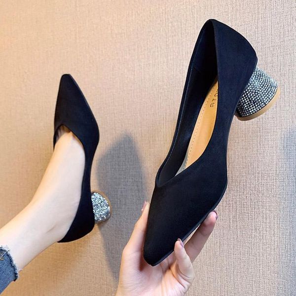 

dress shoes ol office lady pointed toe pumps crystal heels faux suede boat woman rhinestone pump zapatos mujer 8123c, Black