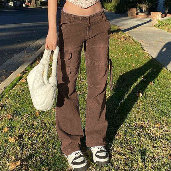 

women mid waist staright cargo jeans y2k brown retro sashes denim pants casual streetwear big pockets trousers woman jean 211129, Blue