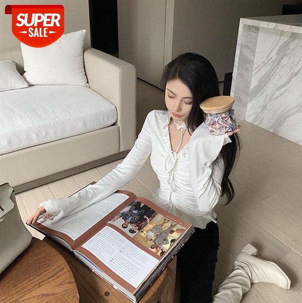

knit sweater bo waist bottoming v-neck flared sleeve slim short white women #gu7s