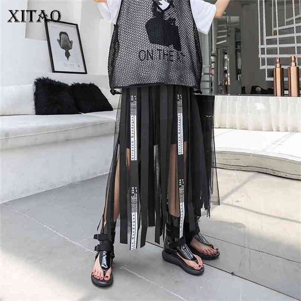 

xitao mesh hollow out print letter long skirt women tape elastic waist black casual a-line summer new korea wld1084 210408