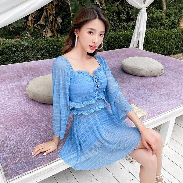 

one-piece suits 2021 korean style monokini women swimwear dress one piece swimsuit solid bathing suit beachwear