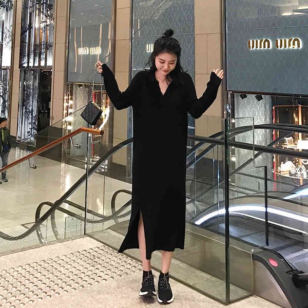 

pullover sweater maxi dress women 2021 autumn winter loose long knitted dresses plus size, Black;gray