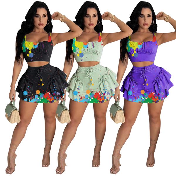

2021 ruffle skirt two piece set casual fashion tie dye women clothing summer beach two piece outfits, Gray