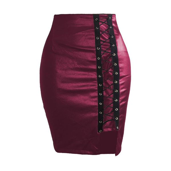 

skirts skirt 2021 imitation pu leather high waist bag hip black tie short split female eyelet s--5xl