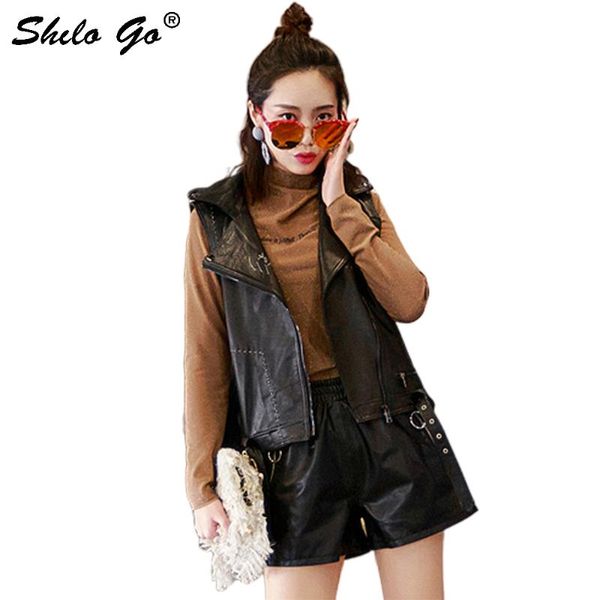 

women's vests shilo go leather vest womens spring fashion sheepskin genuine lapel collar metal button belt locomotive, Black;white