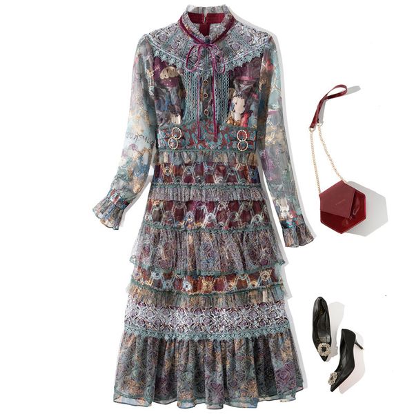 

casual dresses spring long sleeve round neck blue floral print lace ribbon tie bow panelled mid-calf dress elegant yj185914 5978, Black;gray