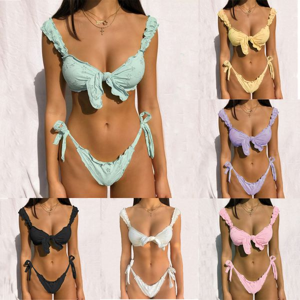 

women bikini sets solid color ruffled swimwear bathing suits 2 piece split push up bandage beachwear mujer thong biquini, White;black