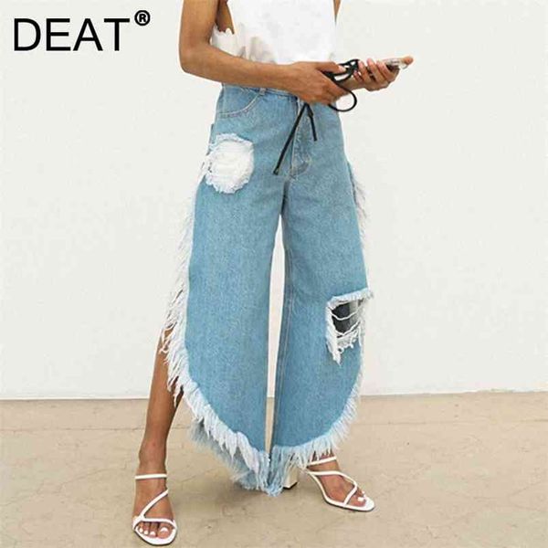 

[deat] women fashion wide leg pants loose tassel hole solid color split fork high street style jeans 13c407 210708, Blue