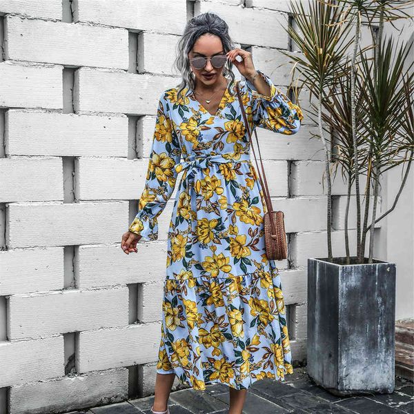 

spring summer v neck floral dress 2021 new full sleeve high waist bandage party dresses for women casual ruffles, Black;gray