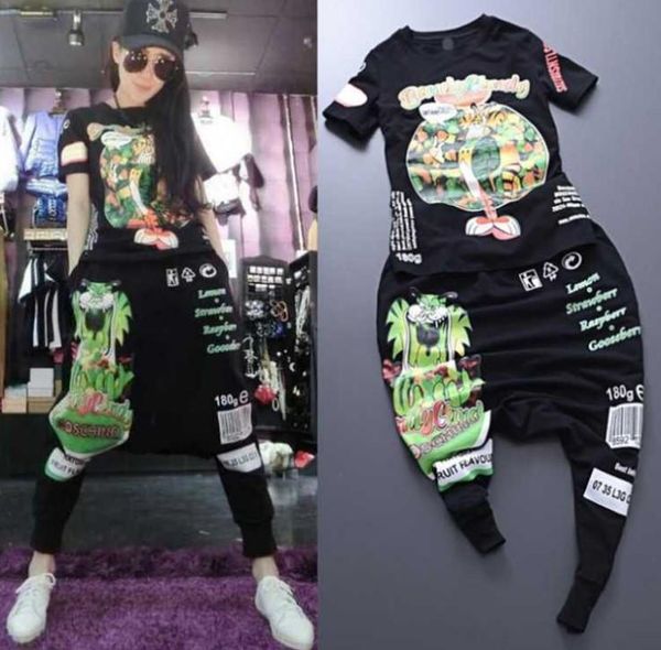 

women's tracksuits women 2 pcs tracksuit summer spring black cartoon print tees blouses + harem pants sets dancers clothing suit ns1011, Gray