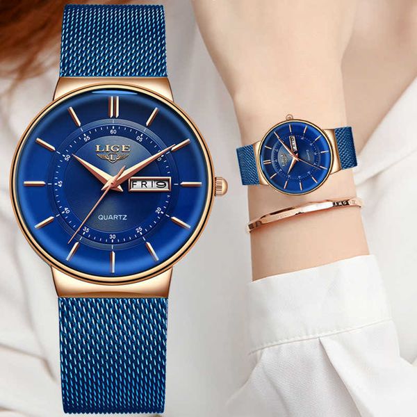 

lige women watches luxury brand ultra-thin calendar week quartz watch ladies clocks mesh stainless steel waterproof reloj mujer 210616, Slivery;brown
