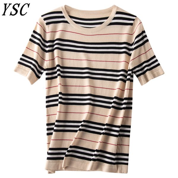 

new pattern women knitting blended yarn sweater round collar short sleeve good ventilation stripe style pullover, White