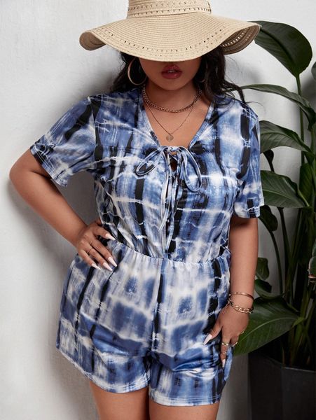 

sxy plus tie dye lace up front romper y0vs#, Black