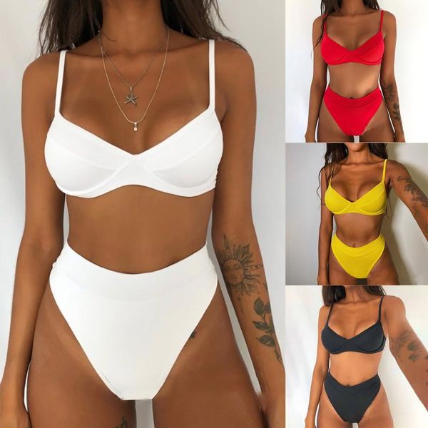 

women's swimwear bikini 2021 summer fashion solid color v-neck halter set beach beachwear biquini micro, White;black