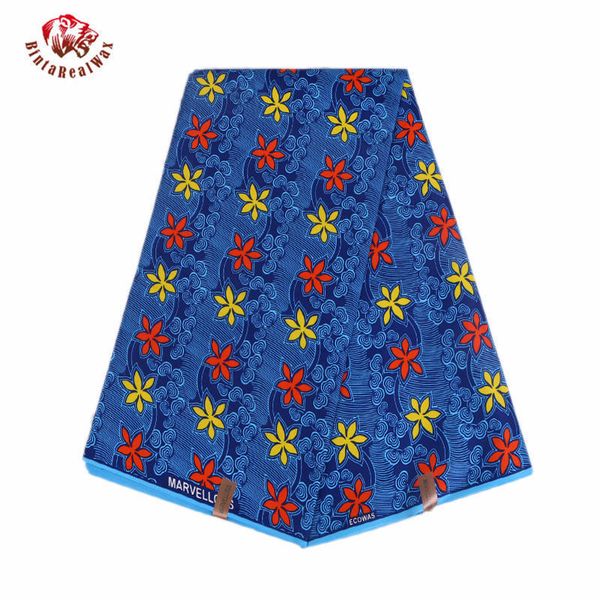 Bintarealwax Africa100% Poliestere Cera Stampe Tessuto 6 Yards/lot Royal blue Sfondo Rosso Fiore Giallo Materiale Africano FP6001