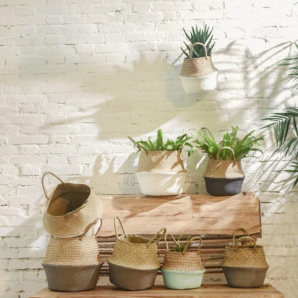 

seagrass belly storage basket straw write wicker bag white garden flower pot planter handmade party favor